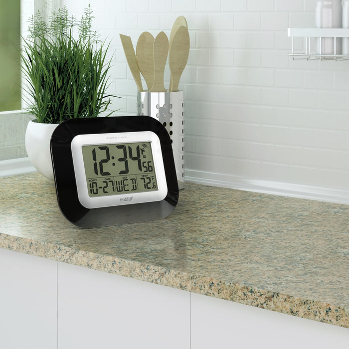 WT-8005U-B Atomic Digital Wall Clock with Indoor Temperature and Date